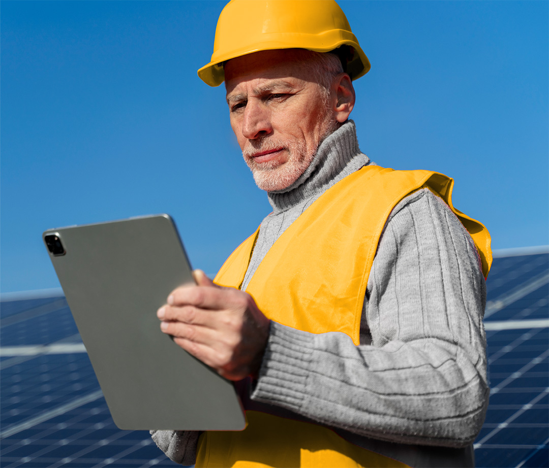 Técnico com Tablet - Zyra Solar - Energia Solar no Litoral, Oeste, Vale e Alto Vale do Itajaí em Santa Catarina.